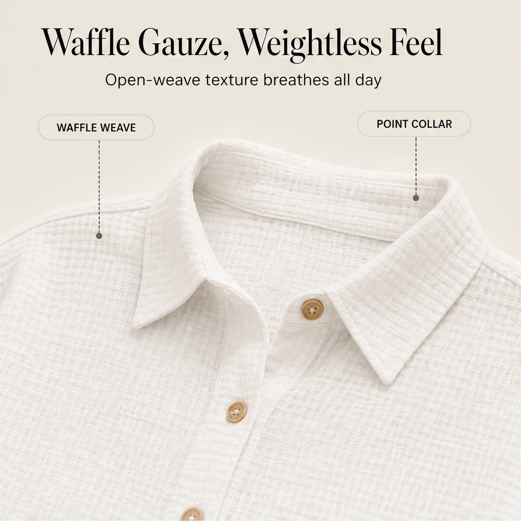 Saltaire™ – Textured Gauze Button-Up Shirt &amp; High-Waisted Shorts 2-Piece Set + 50% OFF