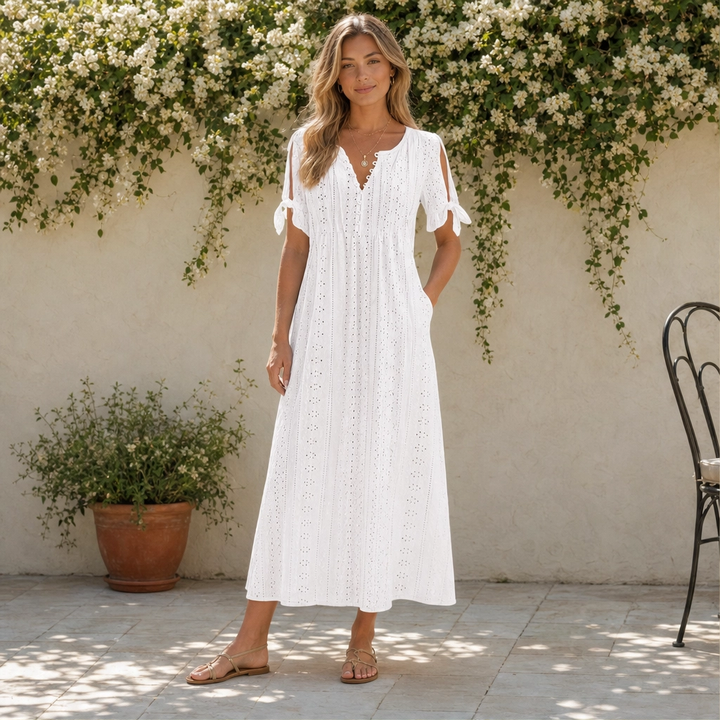 Willowbrae™ – Eyelet V-Neck Tied-Sleeve Midi Dress with Hidden Pockets + 50% OFF