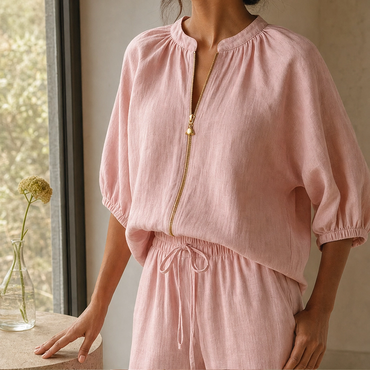 Linfold™ – Drape-Soft 2-Piece Set with Gold Zip &amp; Wide-Leg Pants + 50% OFF
