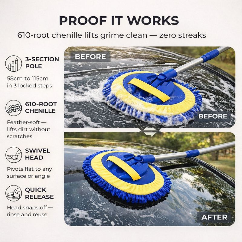 Streakless™ – Telescoping Aluminum Car Wash Mop with Dual Microfiber Head + 50% OFF