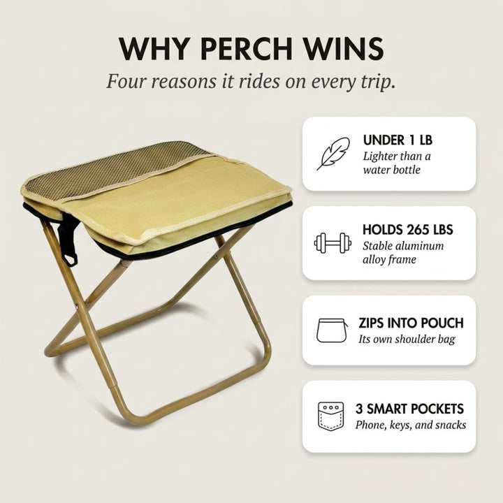 Perch™ – Ultralight Folding Stool with Built-In Carry Pouch &amp; Phone Pocket + 50% OFF