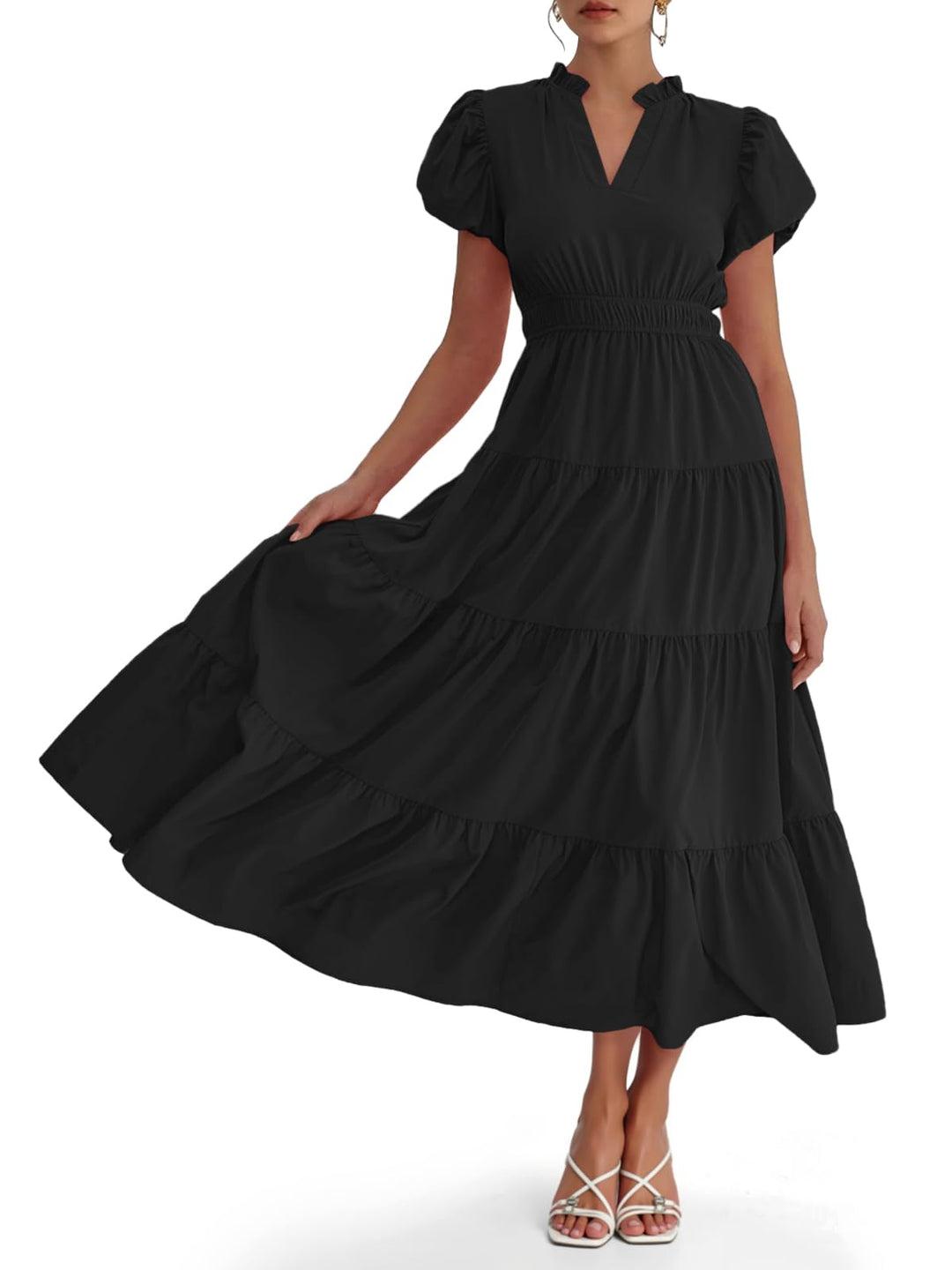 Lilavera™ – Puff Sleeve V-Neck Tiered Flowy Midi Dress + 50% OFF