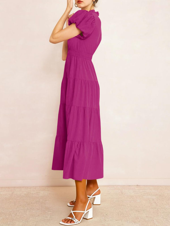 Lilavera™ – Puff Sleeve V-Neck Tiered Flowy Midi Dress + 50% OFF
