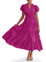 Lilavera™ – Puff Sleeve V-Neck Tiered Flowy Midi Dress + 50% OFF
