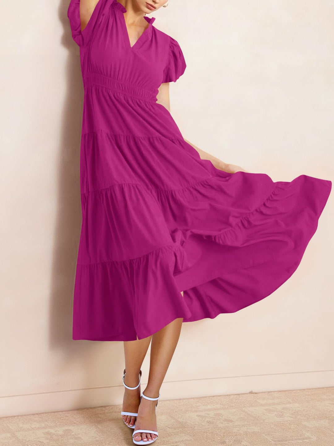 Lilavera™ – Puff Sleeve V-Neck Tiered Flowy Midi Dress + 50% OFF