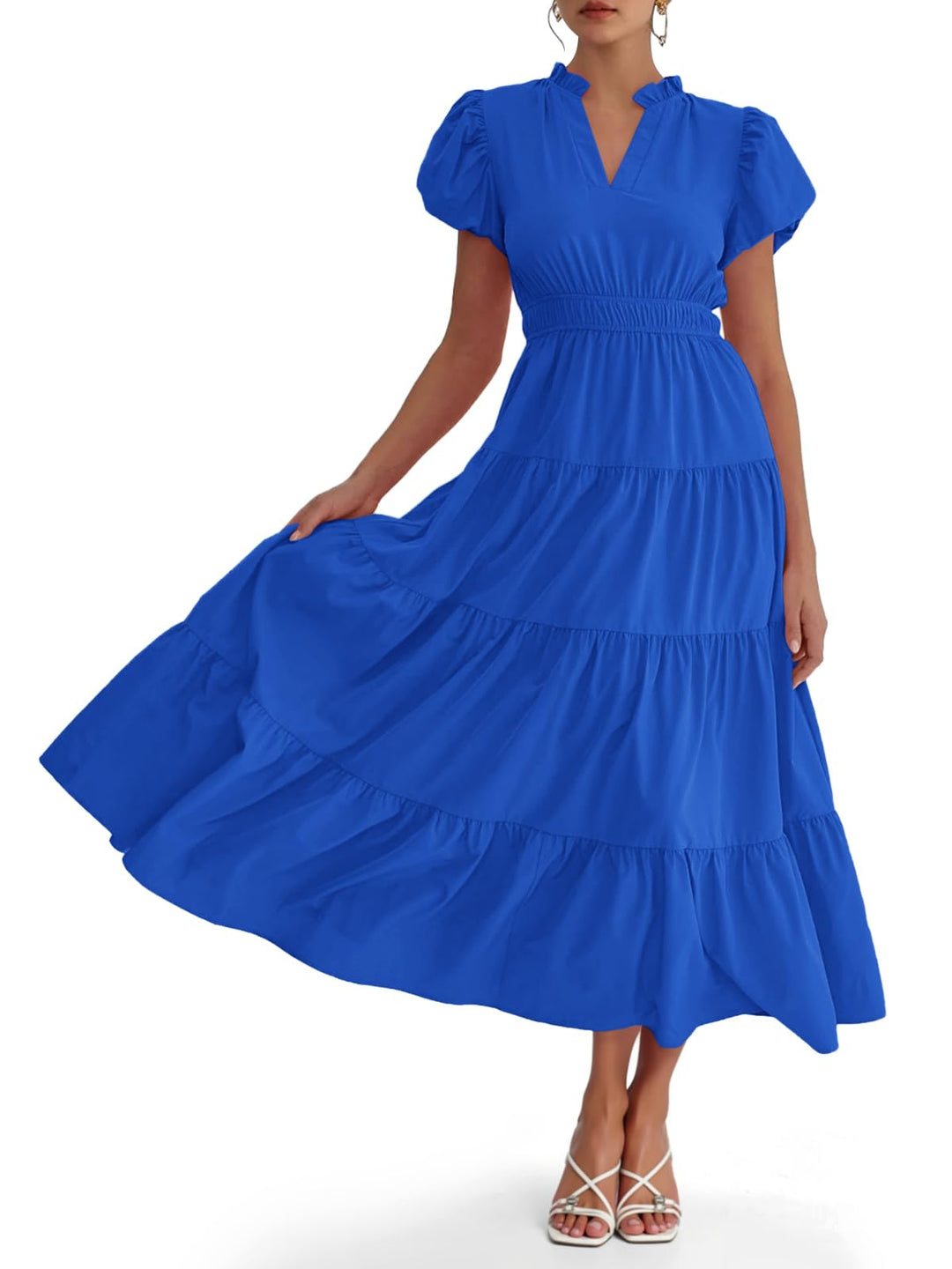 Lilavera™ – Puff Sleeve V-Neck Tiered Flowy Midi Dress + 50% OFF