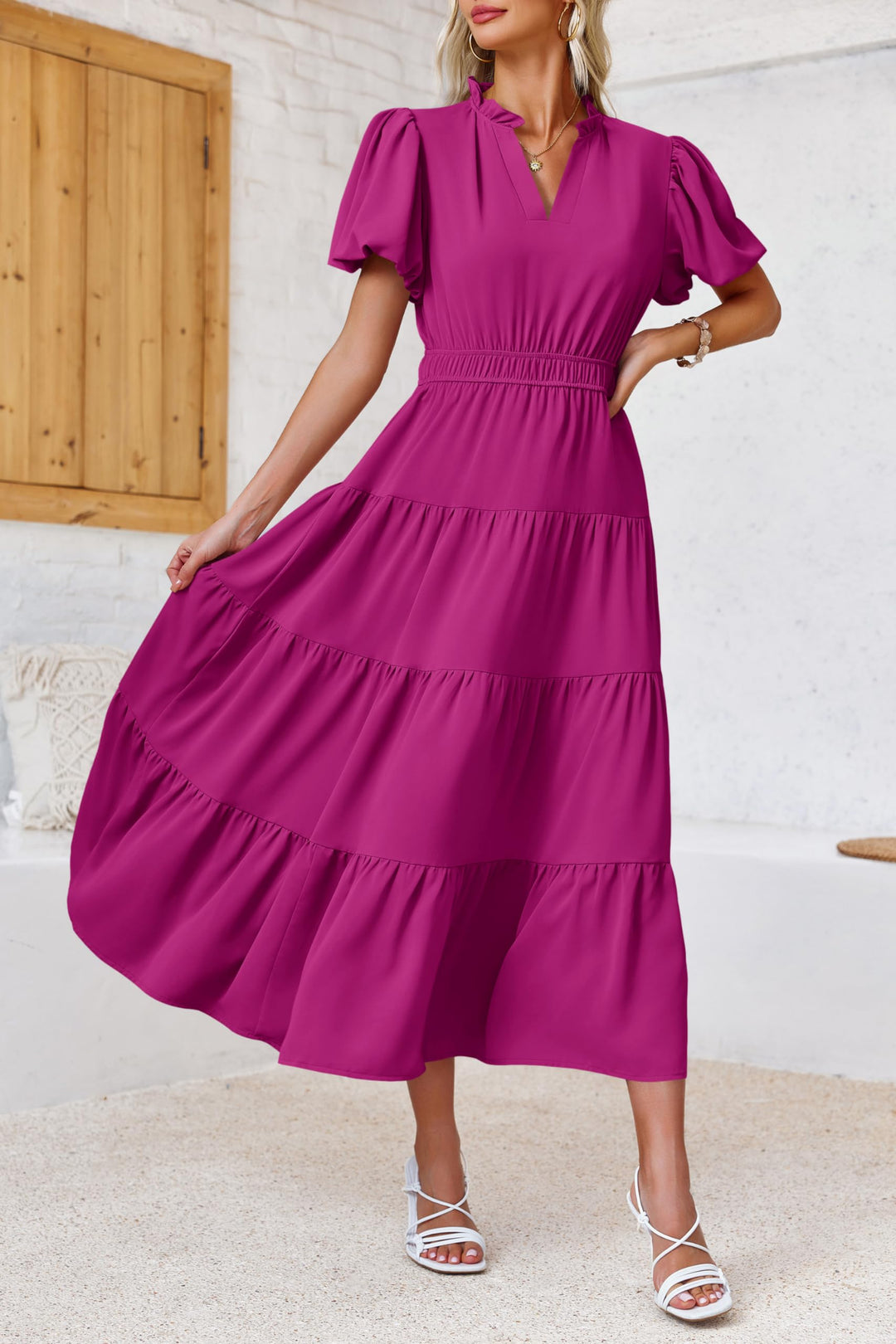Lilavera™ – Puff Sleeve V-Neck Tiered Flowy Midi Dress + 50% OFF