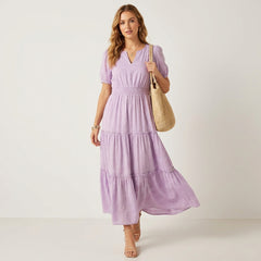 Swaylen™ – Smocked Waist Puff Sleeve Tiered Flowy Midi Dress + 50% OFF