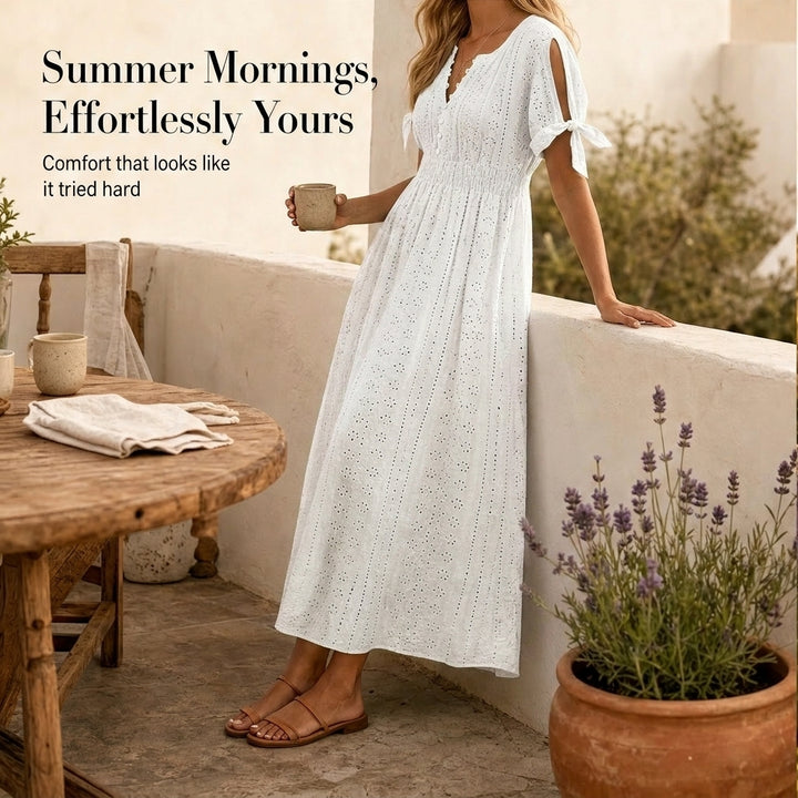 Willowbrae™ – Eyelet V-Neck Tied-Sleeve Midi Dress with Hidden Pockets + 50% OFF