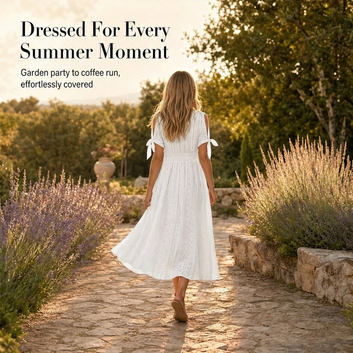 Willowbrae™ – Eyelet V-Neck Tied-Sleeve Midi Dress with Hidden Pockets + 50% OFF