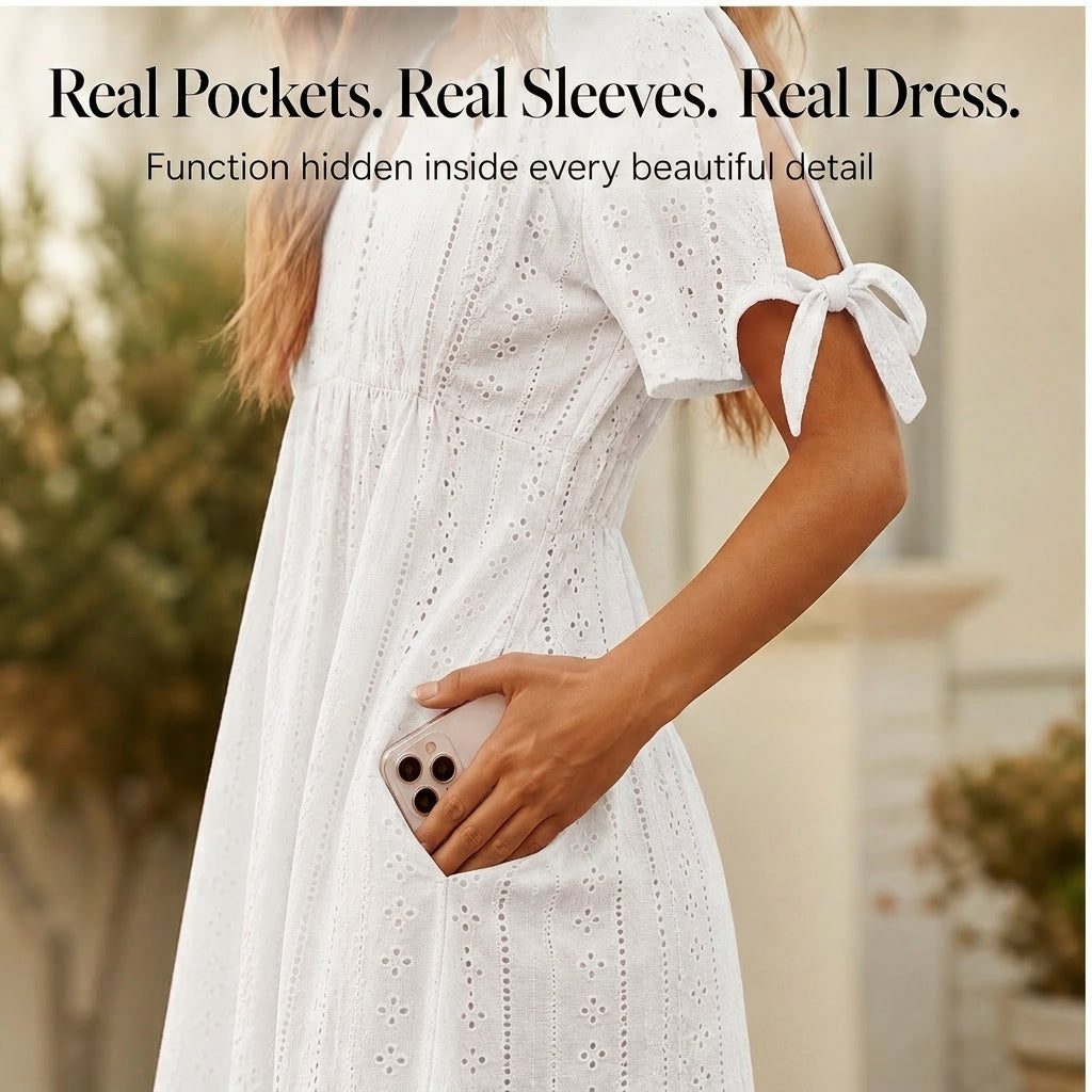 Willowbrae™ – Eyelet V-Neck Tied-Sleeve Midi Dress with Hidden Pockets + 50% OFF