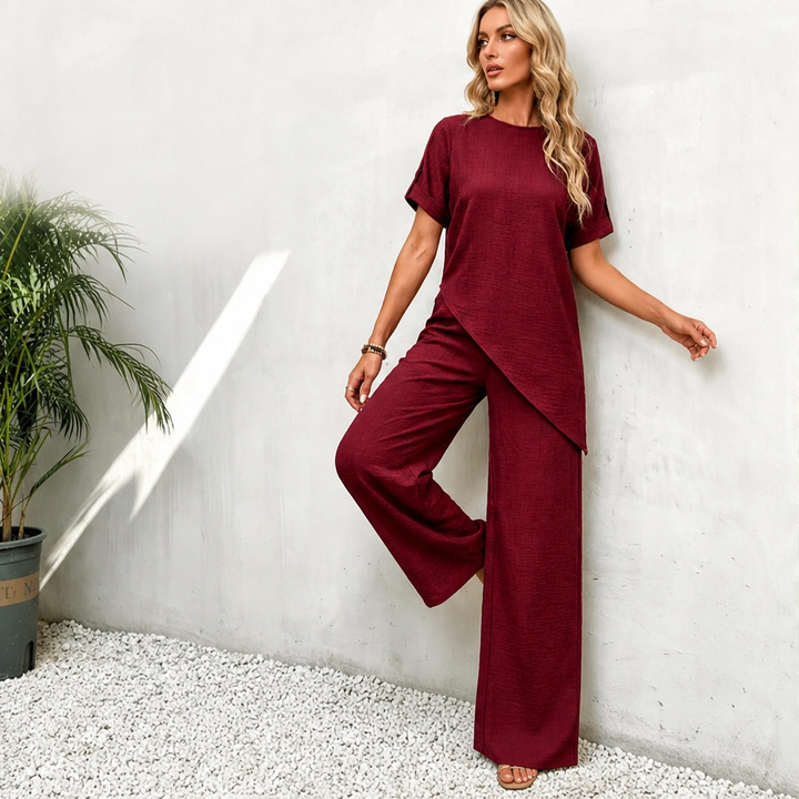 Driftelle™ – Asymmetrical Hem Top &amp; Wide-Leg Pants 2-Piece Lounge Set + 50% OFF