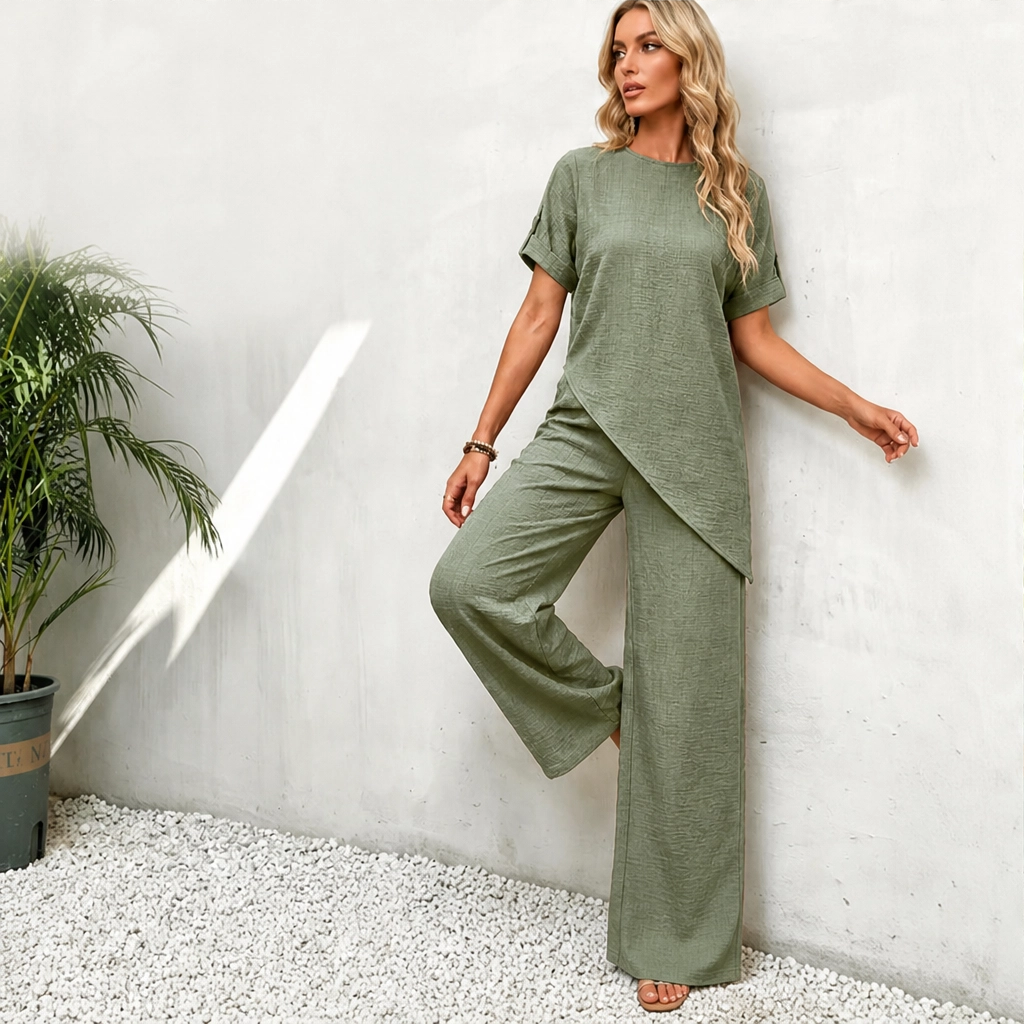 Driftelle™ – Asymmetrical Hem Top &amp; Wide-Leg Pants 2-Piece Lounge Set + 50% OFF