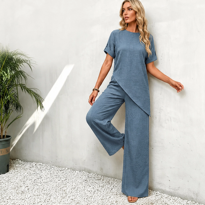 Driftelle™ – Asymmetrical Hem Top &amp; Wide-Leg Pants 2-Piece Lounge Set + 50% OFF