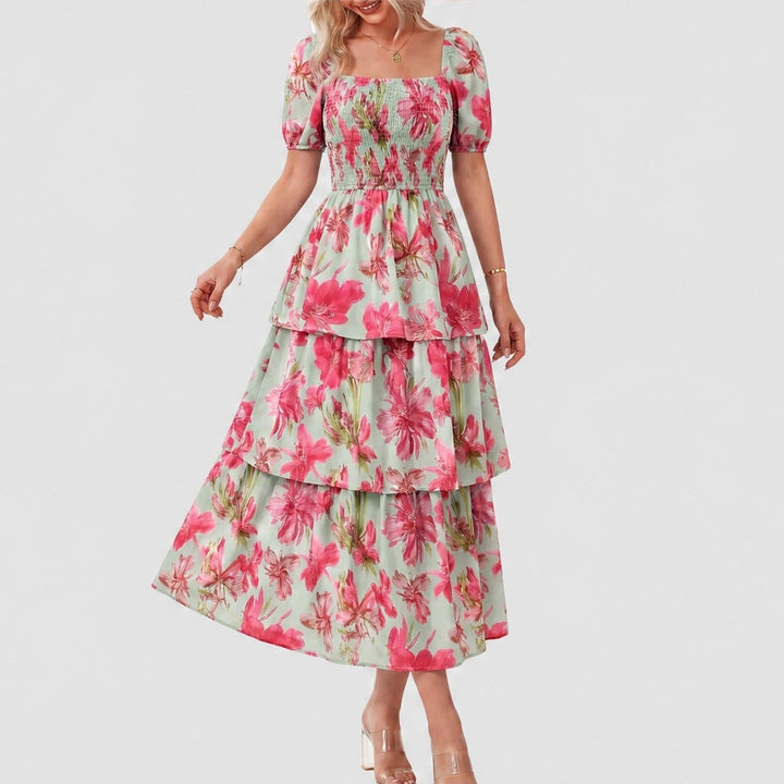 Fleurette™ – Smocked Square-Neck Puff Sleeve Tiered Floral Midi Dress + 50% OFF