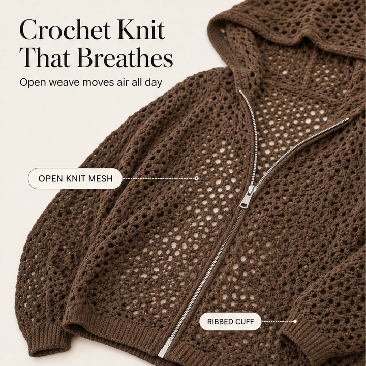 Driftknit™ – Crochet Hollow-Knit Hooded Double-Zip Cardigan Cover-Up + 50% OFF