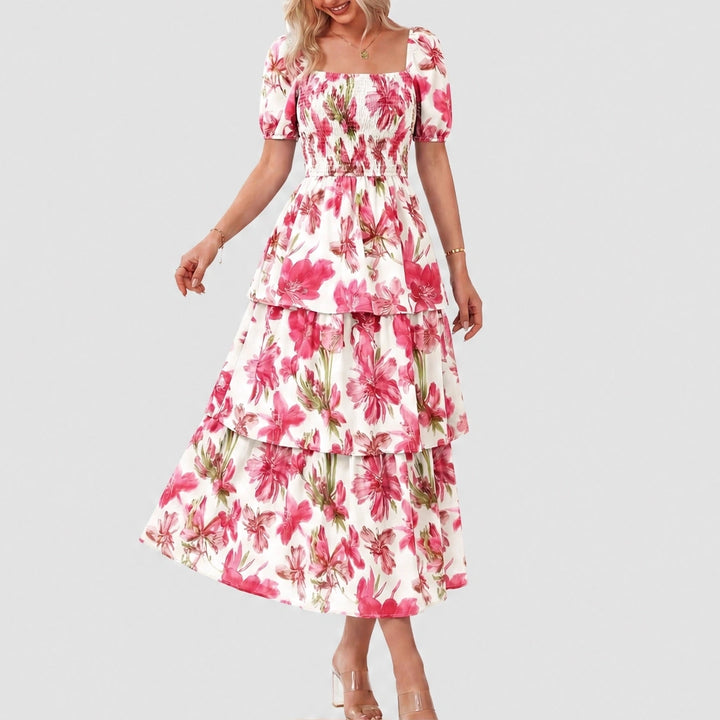 Fleurette™ – Smocked Square-Neck Puff Sleeve Tiered Floral Midi Dress + 50% OFF