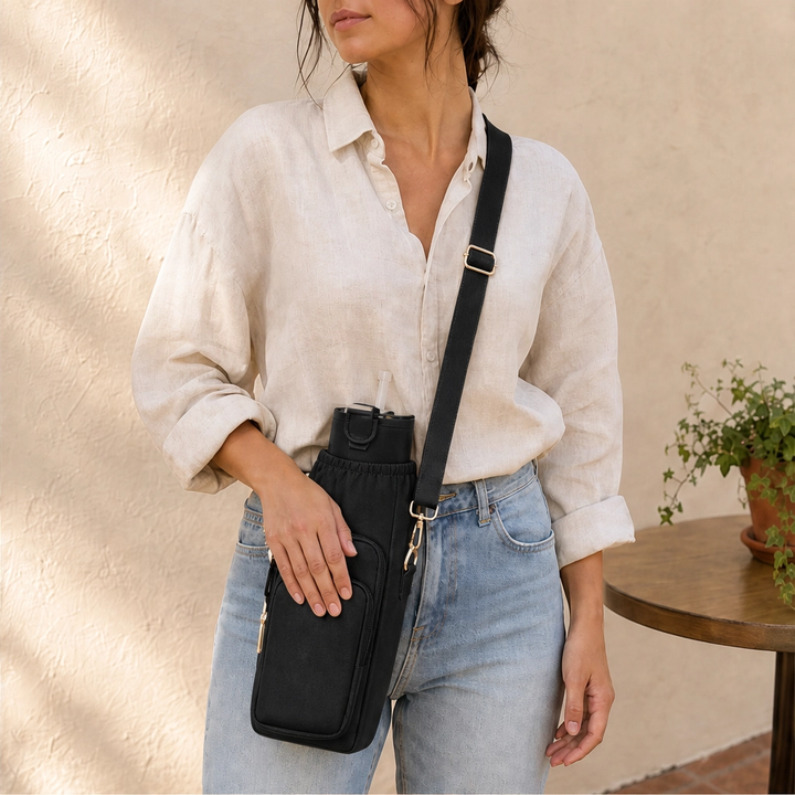 Voya™ – Insulated Crossbody Tumbler Carrier with Phone Pocket &amp; Adjustable Strap + 50% OFF