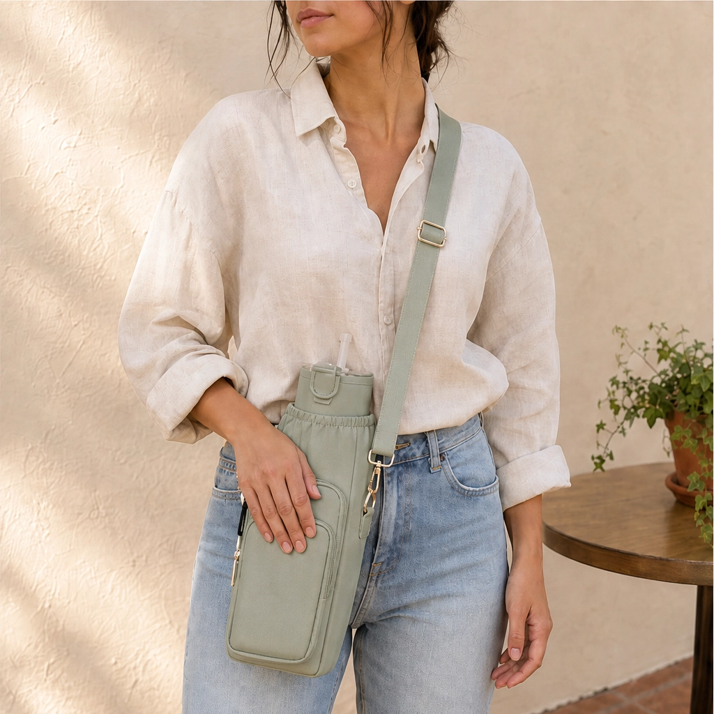 Voya™ – Insulated Crossbody Tumbler Carrier with Phone Pocket &amp; Adjustable Strap + 50% OFF