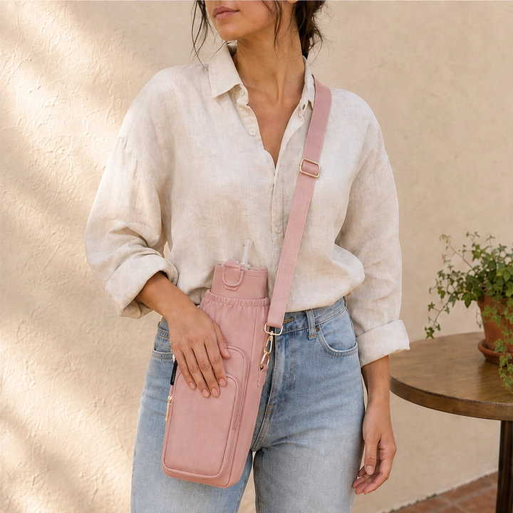 Voya™ – Insulated Crossbody Tumbler Carrier with Phone Pocket &amp; Adjustable Strap + 50% OFF