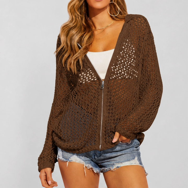 Driftknit™ – Crochet Hollow-Knit Hooded Double-Zip Cardigan Cover-Up + 50% OFF