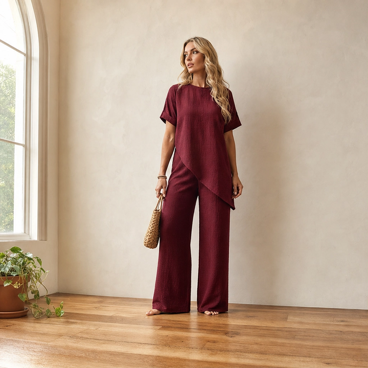 Driftelle™ – Asymmetrical Hem Top &amp; Wide-Leg Pants 2-Piece Lounge Set + 50% OFF
