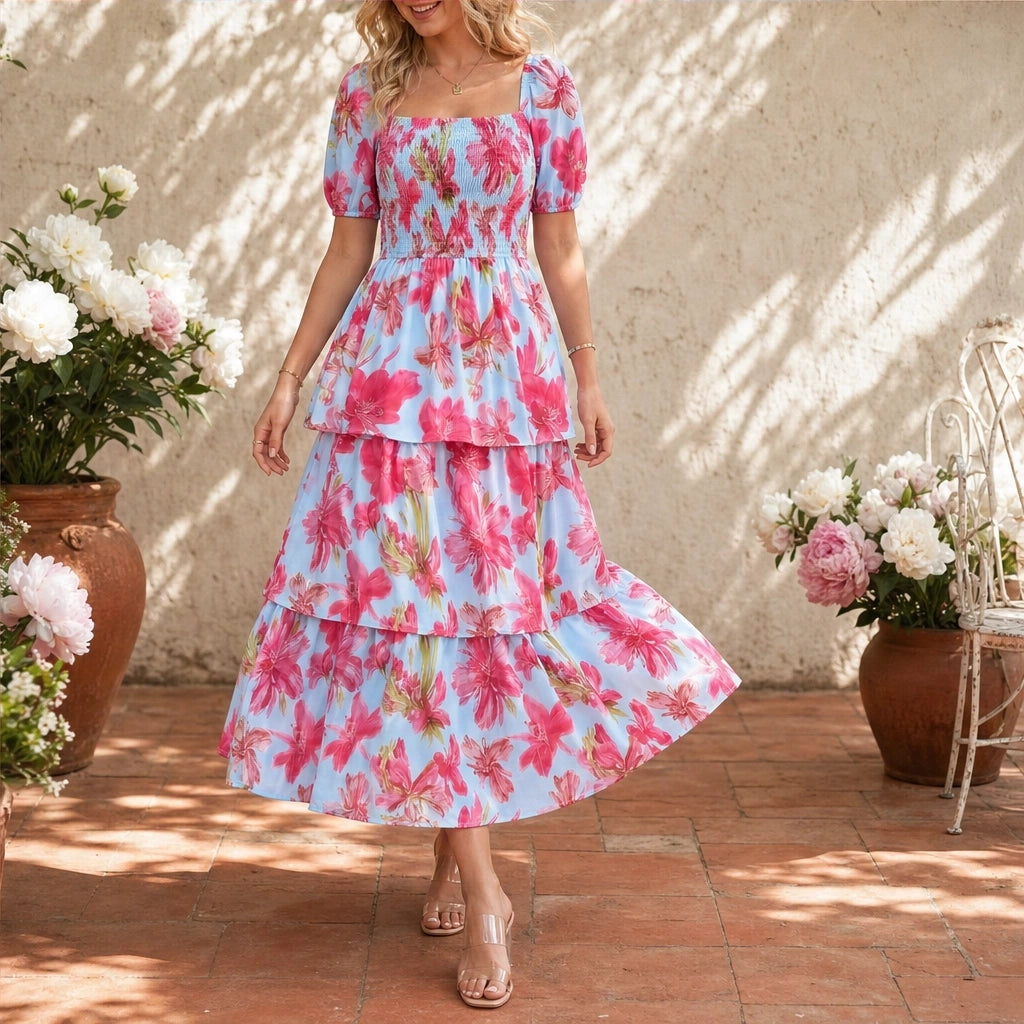 Fleurette™ – Smocked Square-Neck Puff Sleeve Tiered Floral Midi Dress + 50% OFF
