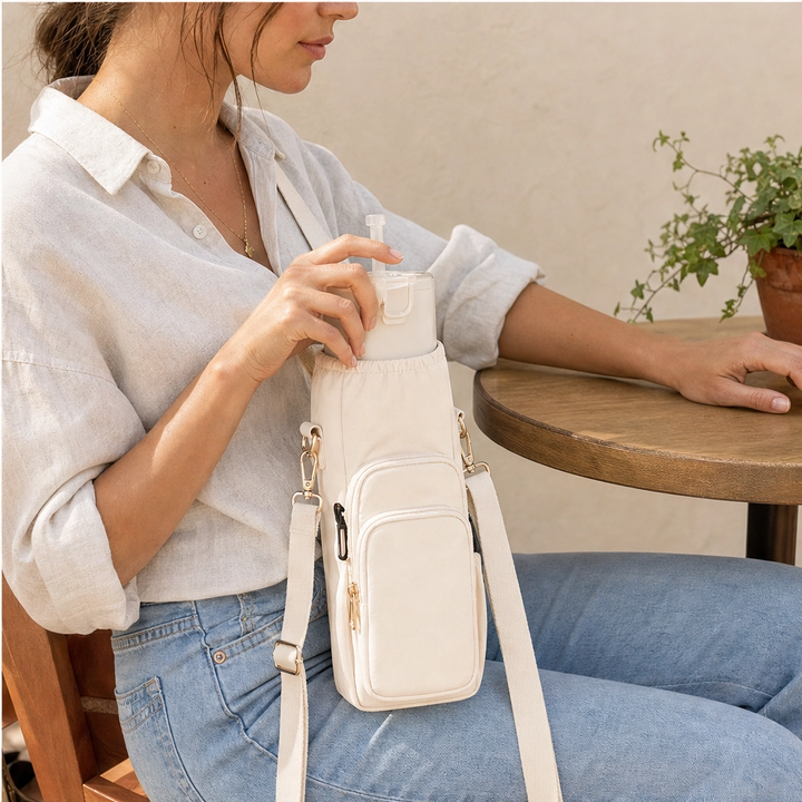 Voya™ – Insulated Crossbody Tumbler Carrier with Phone Pocket &amp; Adjustable Strap + 50% OFF