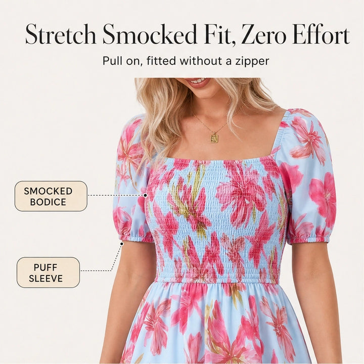 Fleurette™ – Smocked Square-Neck Puff Sleeve Tiered Floral Midi Dress + 50% OFF
