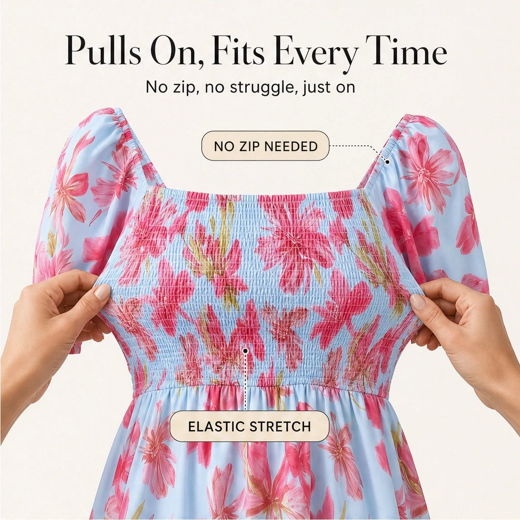 Fleurette™ – Smocked Square-Neck Puff Sleeve Tiered Floral Midi Dress + 50% OFF