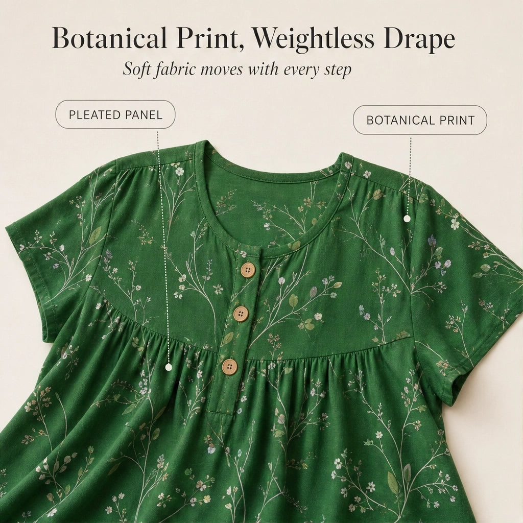Briar™ – Floral Pleated Henley Tunic Top with Flowy Drape + 50% OFF