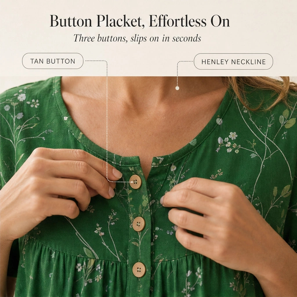 Briar™ – Floral Pleated Henley Tunic Top with Flowy Drape + 50% OFF