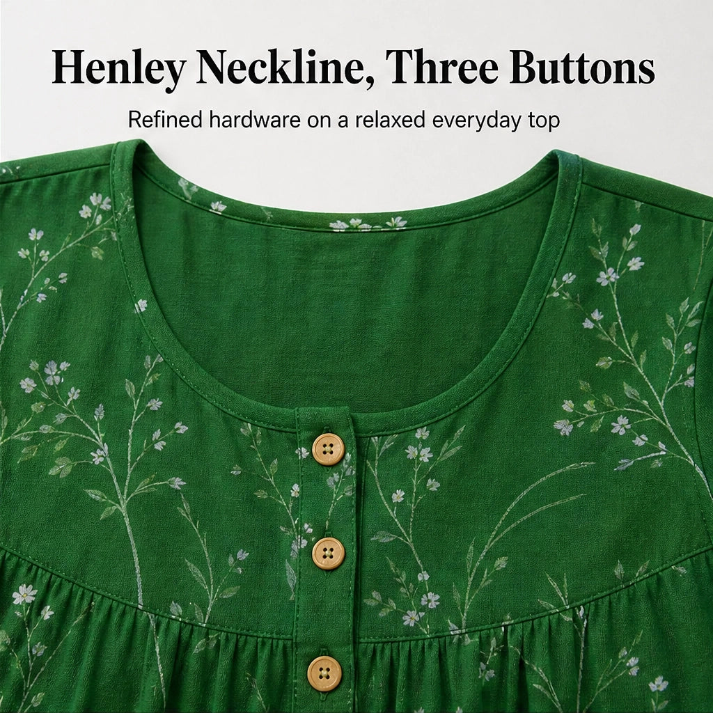 Briar™ – Floral Pleated Henley Tunic Top with Flowy Drape + 50% OFF