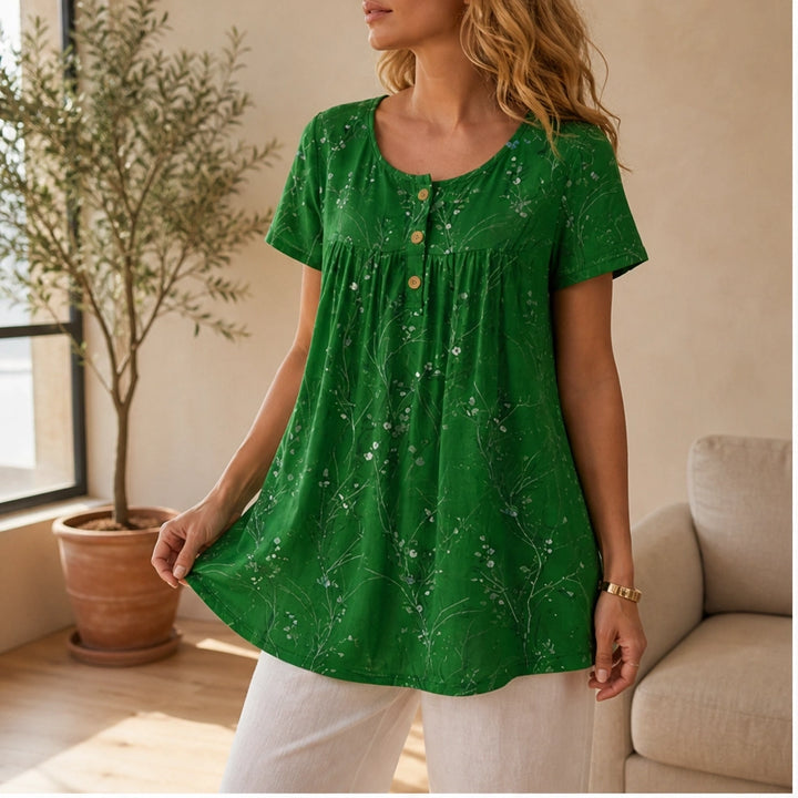 Briar™ – Floral Pleated Henley Tunic Top with Flowy Drape + 50% OFF