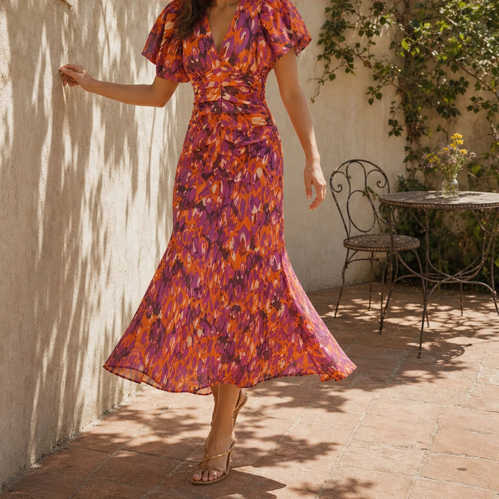 Solenne™ – Puff Sleeve V-Neck Ruched Waist Maxi Dress + 50% OFF