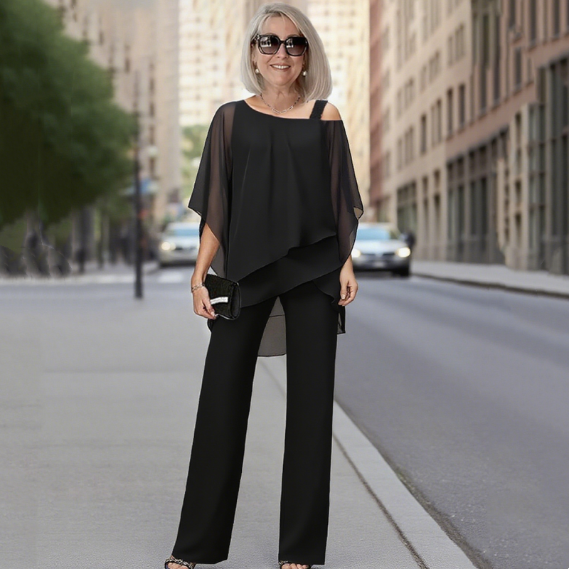 Soirella™ – Asymmetric Chiffon Overlay &amp; Wide-Leg Pant 2-Piece Set + 50% OFF