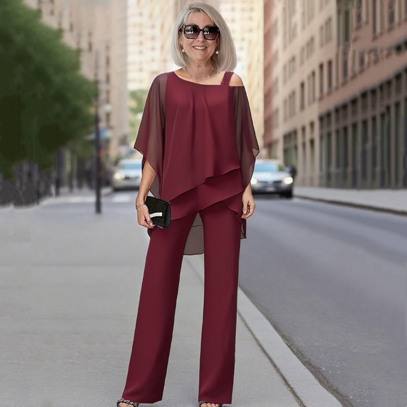 Soirella™ – Asymmetric Chiffon Overlay &amp; Wide-Leg Pant 2-Piece Set + 50% OFF