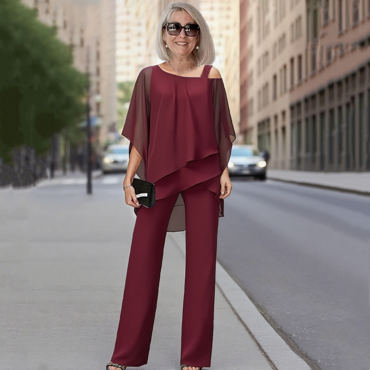 Soirella™ – Asymmetric Chiffon Overlay &amp; Wide-Leg Pant 2-Piece Set + 50% OFF