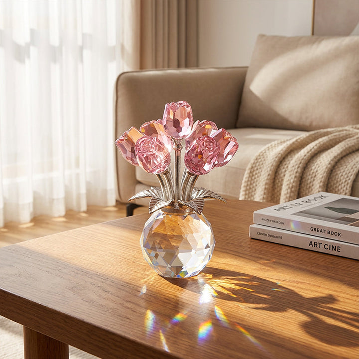 Petalune™ – Hand-Cut Crystal Rose Bouquet Figurine with Faceted Vase + 50% OFF