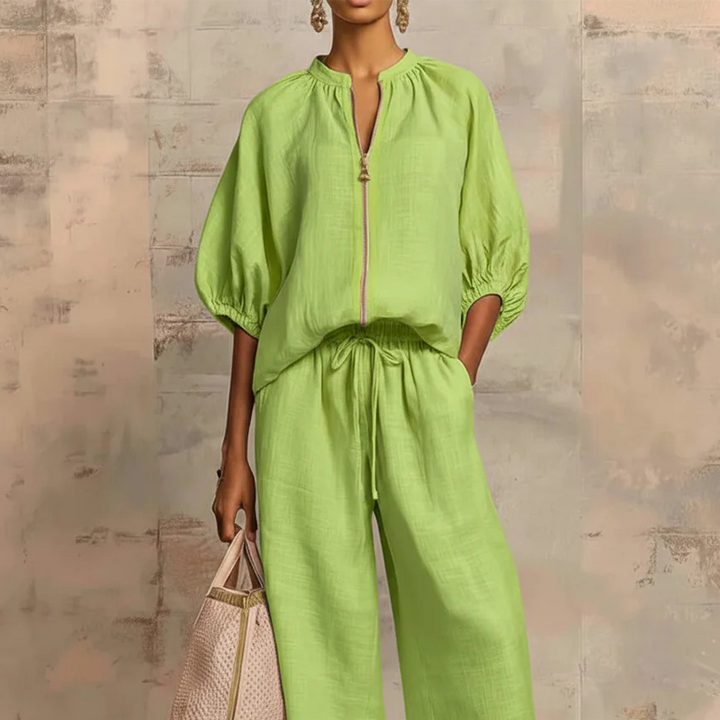 Maelin™ – Linen-Look Zip-Front Puff Sleeve Wide-Leg 2-Piece Set + 50% OFF