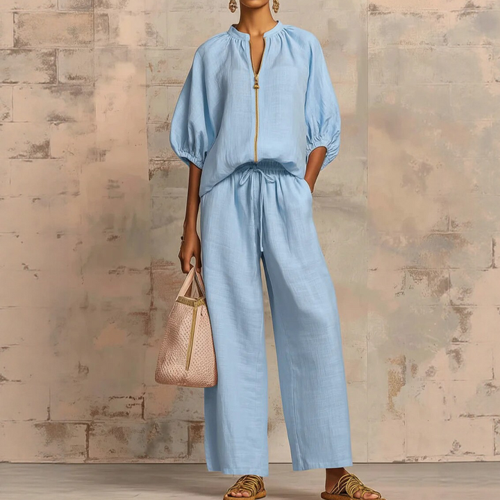 Maelin™ – Linen-Look Zip-Front Puff Sleeve Wide-Leg 2-Piece Set + 50% OFF