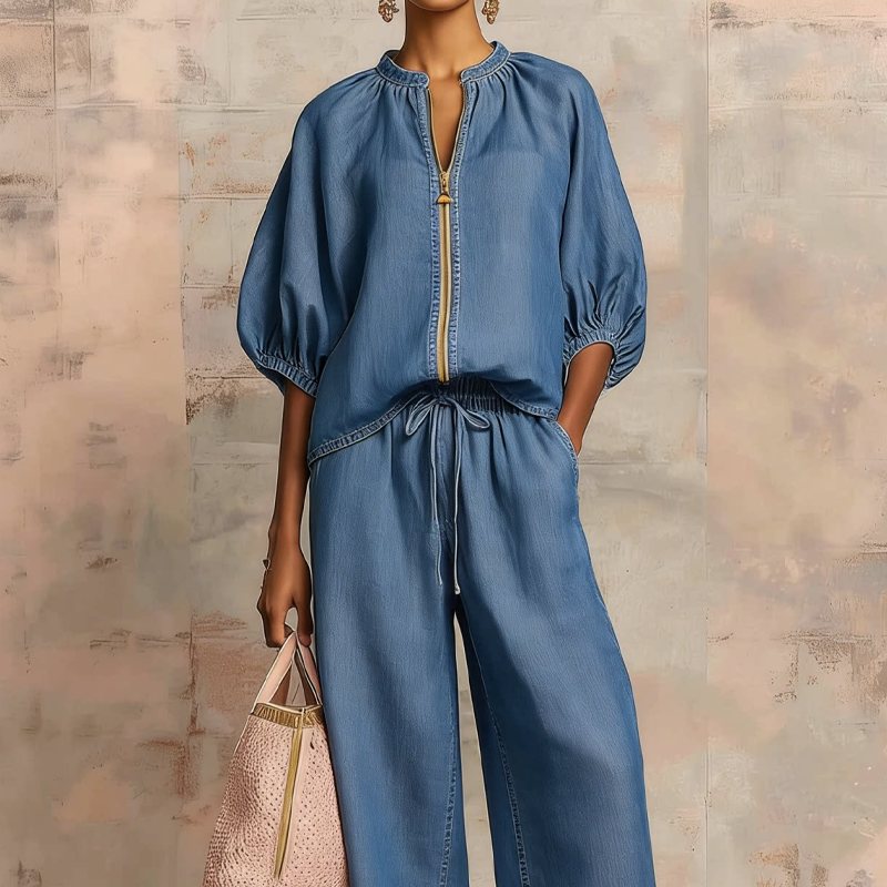 Maelin™ – Linen-Look Zip-Front Puff Sleeve Wide-Leg 2-Piece Set + 50% OFF